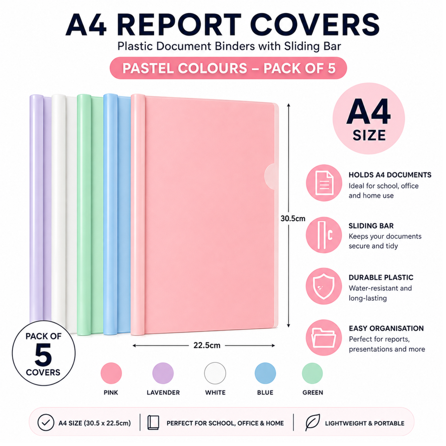 Pack of 5 A4 Report Cover Display Folders – Pastel Colours
