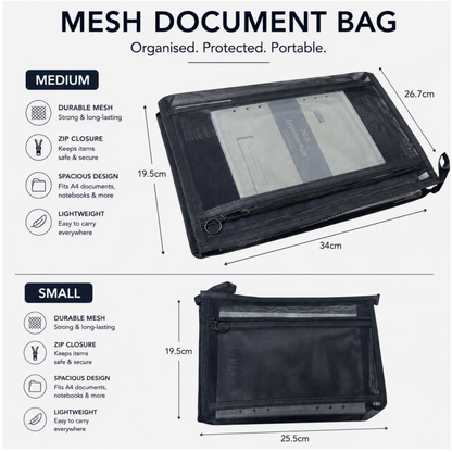 A4 Mesh Document Bag with Zip – Large Tote, Medium & Small Pouch