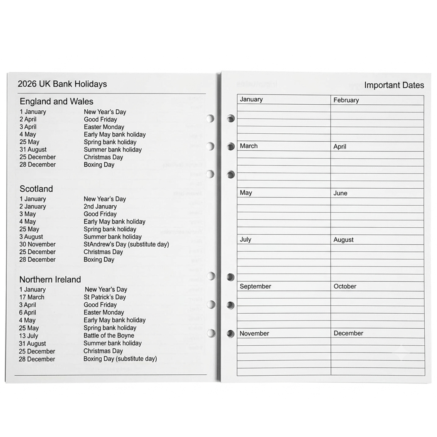 GenXon 2026 A5 Diary Refill | Week on Two Pages | Filofax Compatible | 148x210mm
