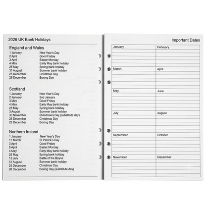 GenXon 2026 A5 Diary Refill | Week on Two Pages | Filofax Compatible | 148x210mm
