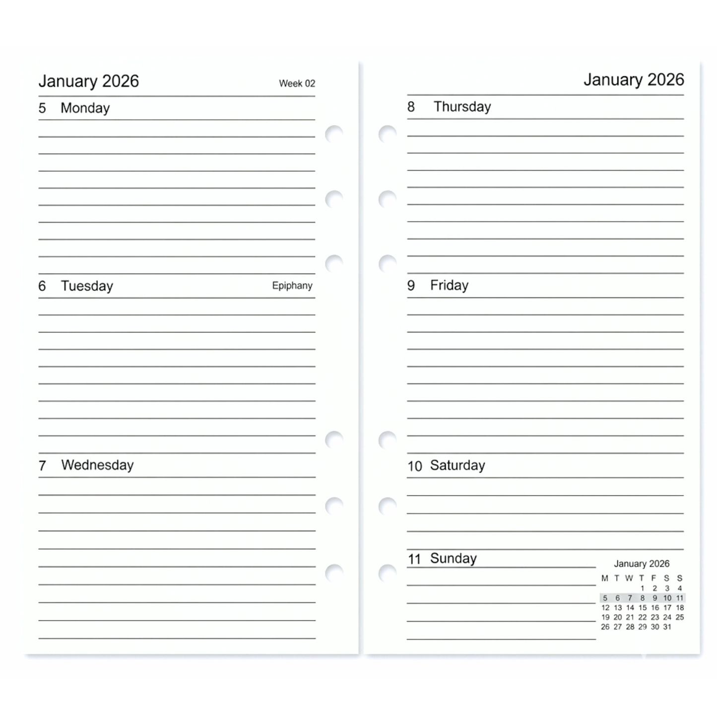 GenXon 2026 Personal Diary Refill | Week on Two Pages | Filofax Compatible | 95x171mm