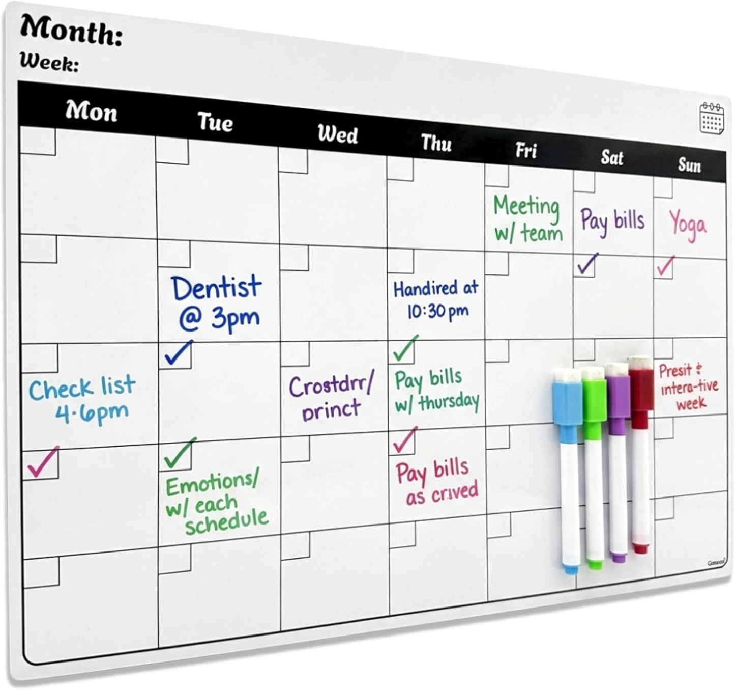 Magnetic Weekly Planner Fridge Board | A3 Landscape | Dry-Wipe Whiteboard | 4 Markers Included