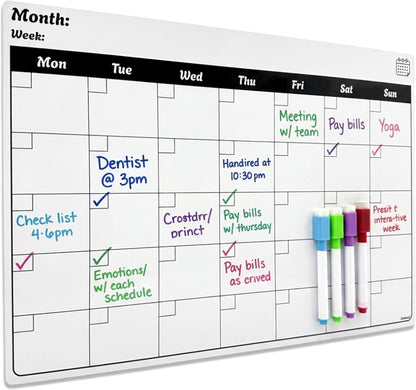 Magnetic Weekly Planner Fridge Board | A3 Landscape | Dry-Wipe Whiteboard | 4 Markers Included