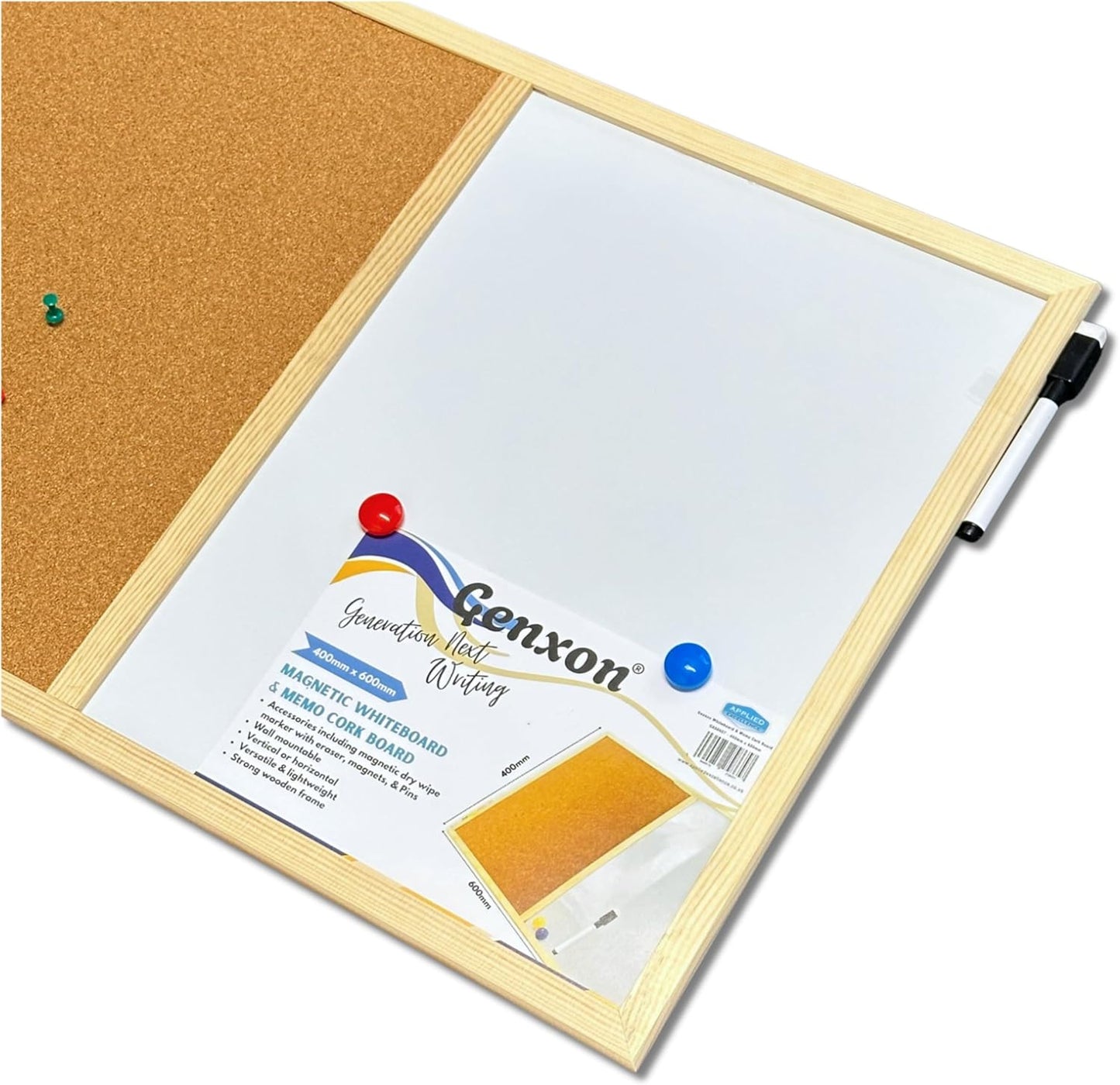 Combination Pin Cork Board & Magnetic Whiteboard | 60x40cm | Dry-Wipe Memo Board | 1 Marker & 2 Magnets