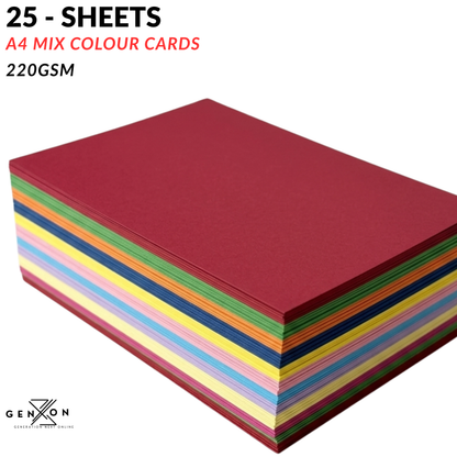  A4 mix colour cards 10 vibrant colours  , 220gsm card weight, bright colours, featuring Genxon branding