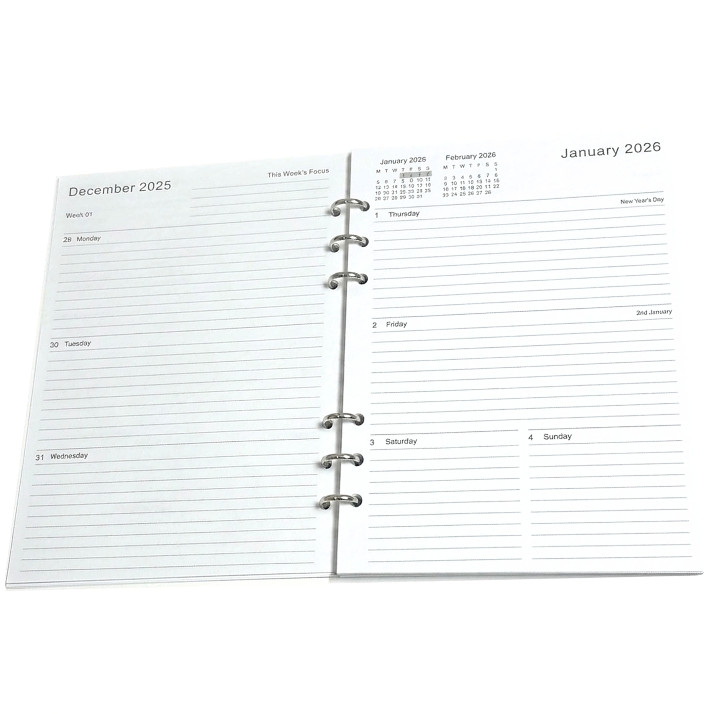 GenXon 2026 A5 Diary Refill | Week on Two Pages | Filofax Compatible | 148x210mm