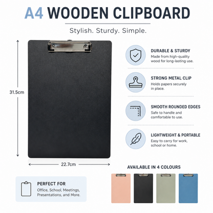 A4 Wooden Clipboard with Metal Clip – Blue, Black, Pink & Grey