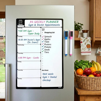 A4 Magnetic Fridge Whiteboard | Weekly Planner, Meal Planner & Shopping List | 4 Dry-Erase Markers