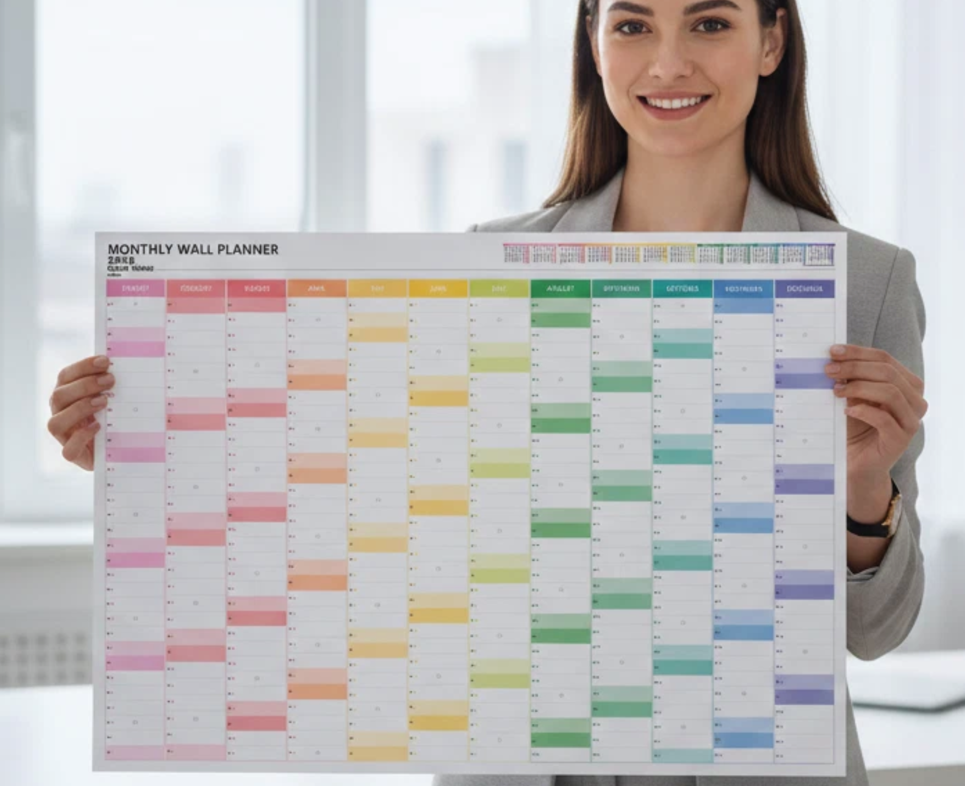 Woman holding a colourful monthly wall planner in a bright room.