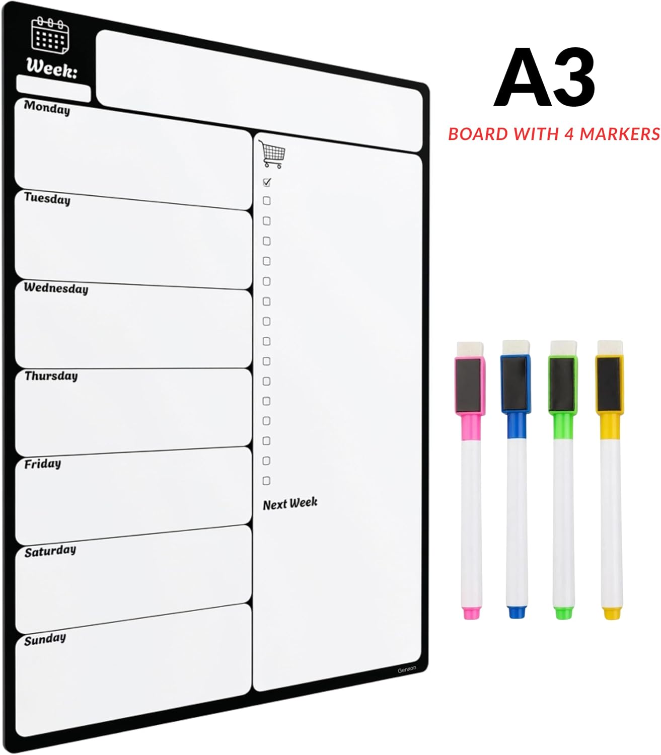Large A3 Magnetic Fridge Wipe Board | Family Weekly Planner, Shopping List & Memo Board | 4 Colour Markers
