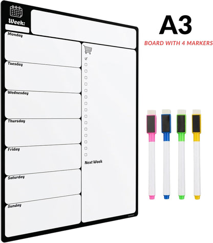 Large A3 Magnetic Fridge Wipe Board | Family Weekly Planner, Shopping List & Memo Board | 4 Colour Markers