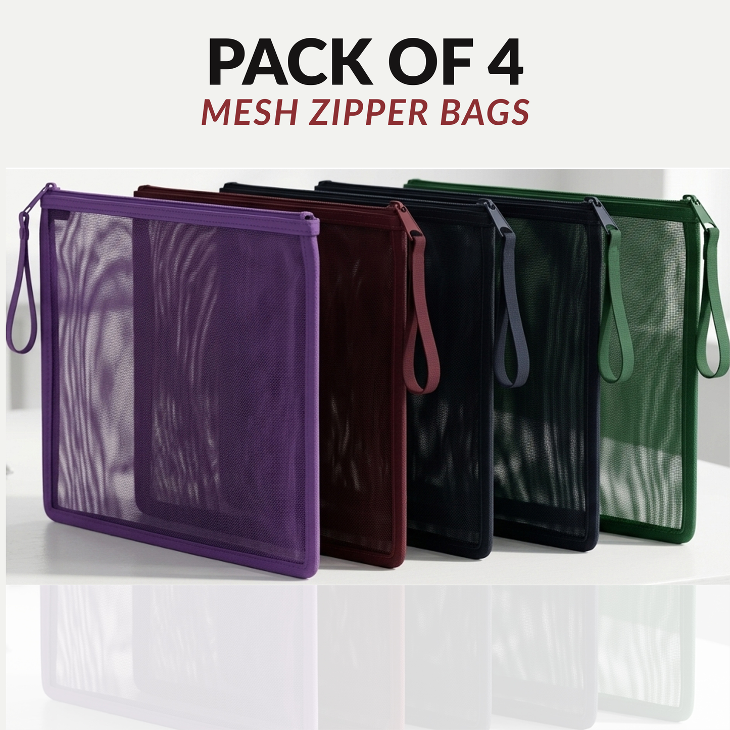 A4 Mesh Zip Folders | Pack of 4 | Green, Burgundy, Navy & Purple | Document Pouch, Pencil Case & Bag Organiser