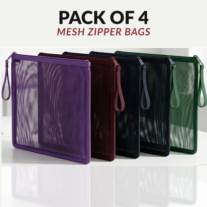 A4 Mesh Zip Folders | Pack of 4 | Green, Burgundy, Navy & Purple | Document Pouch, Pencil Case & Bag Organiser