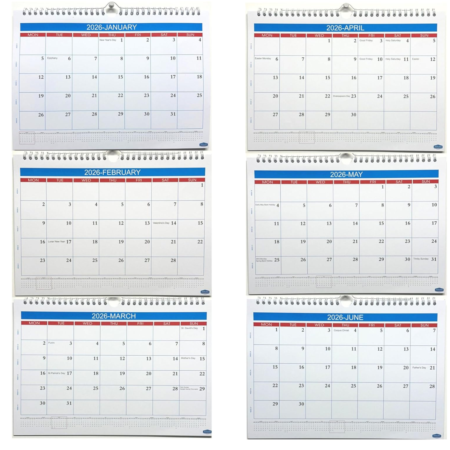 Set of six wall calendars for 2026 with monthly views.