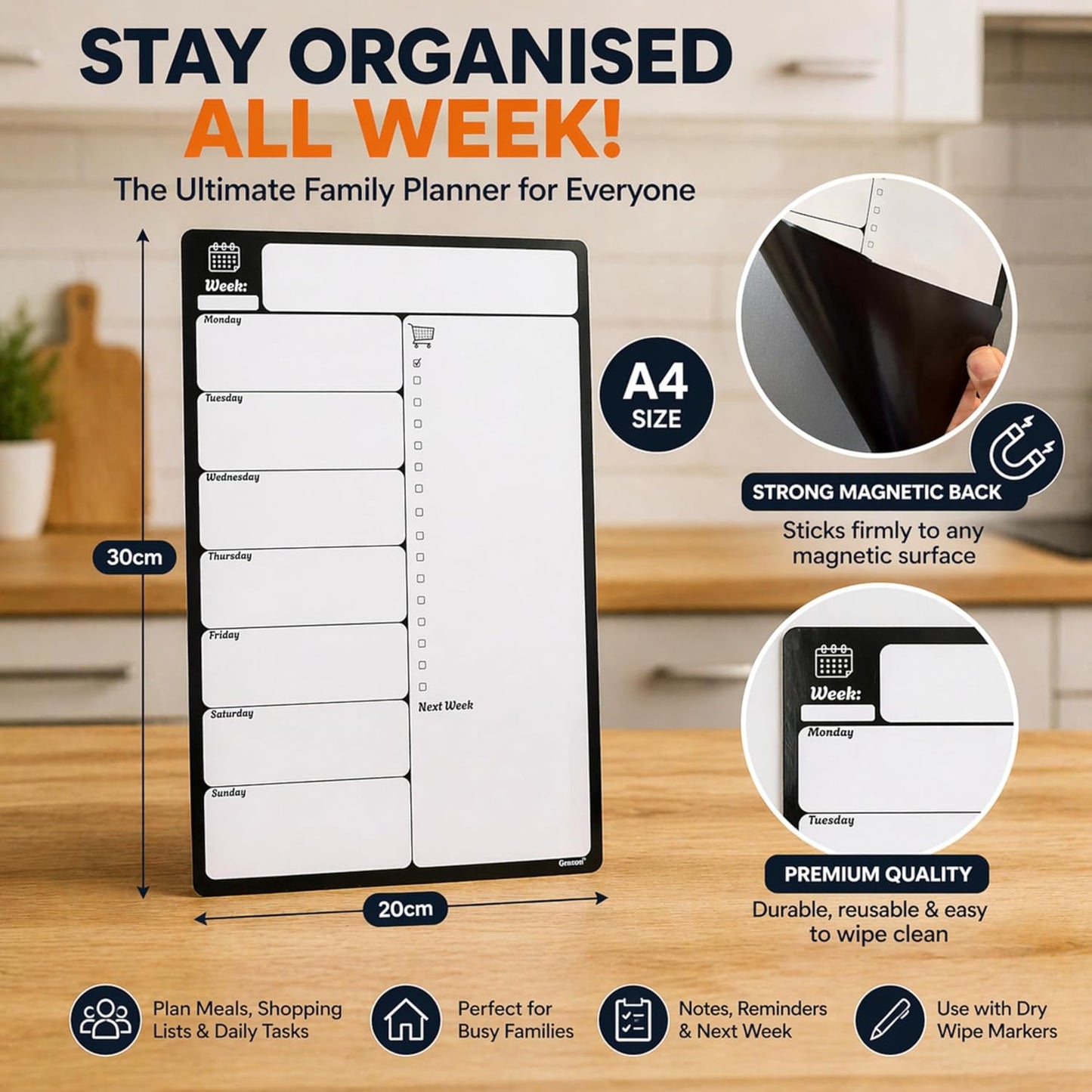 A4 Magnetic Fridge Whiteboard | Weekly Planner, Meal Planner & Shopping List | 4 Dry-Erase Markers