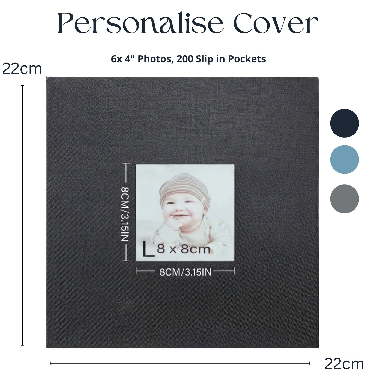 Large Photo Album 6x4 200 Pockets – Slip-In Memo Photo Book | Linen Hardcover, Personalised Cover Window | Family, Wedding & Holiday Memories (Black, Blue, Grey)