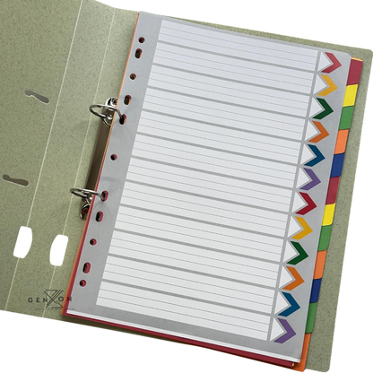 A4 File Dividers 12 Part | Coloured Punched Card Filing Dividers with Writable Index Tabs for Ring Binders & Lever Arch Files