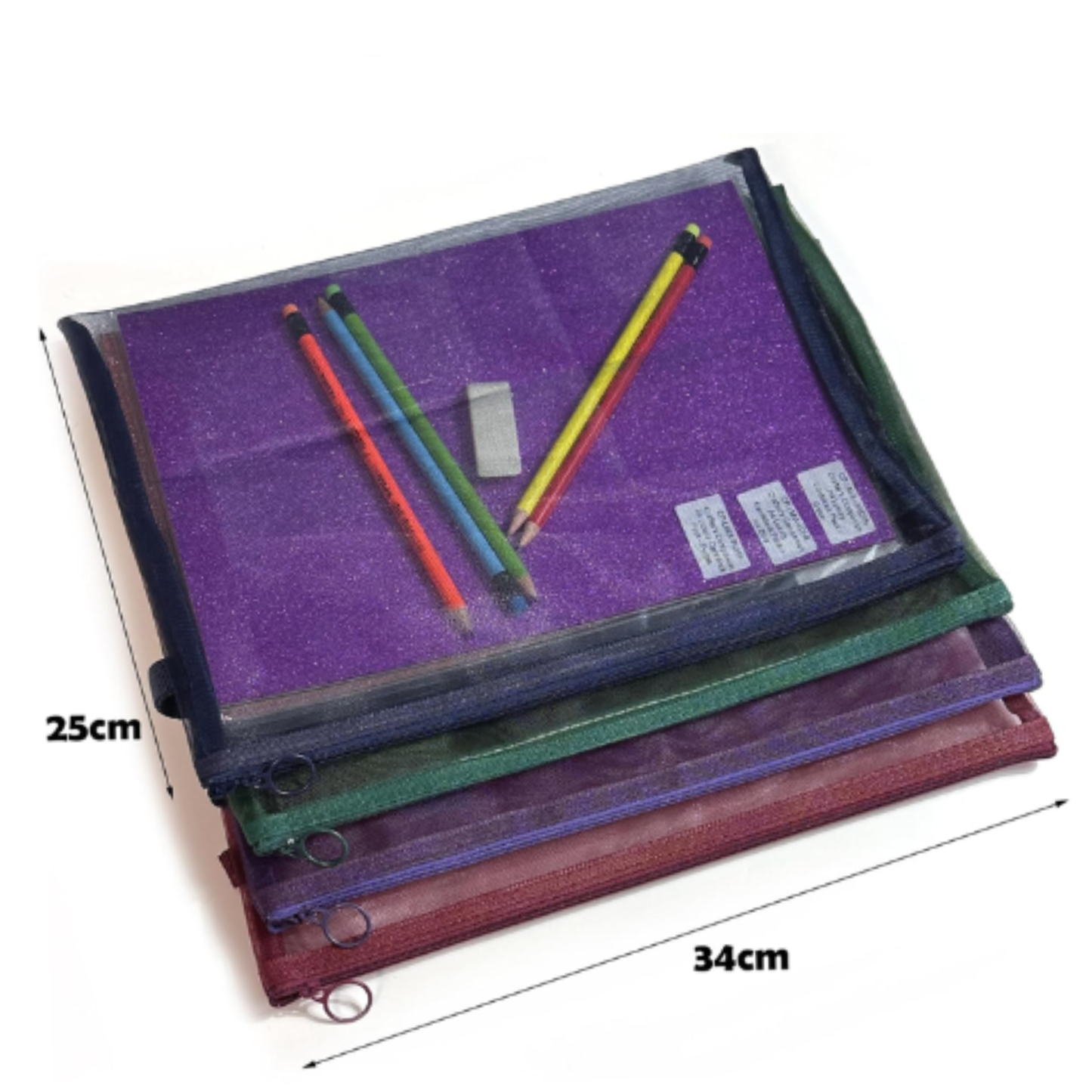 A4 Mesh Zip Folders | Pack of 4 | Green, Burgundy, Navy & Purple | Document Pouch, Pencil Case & Bag Organiser