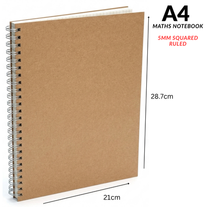 Maths Notebook | Brown Kraft Cover | 5mm Graph Paper Spiral Pad | A4 & A5