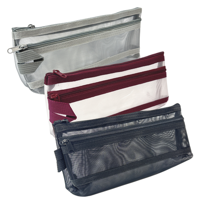 GenXon Mesh Pencil Case Pack of 3 | 2 Pockets | Zip Closure