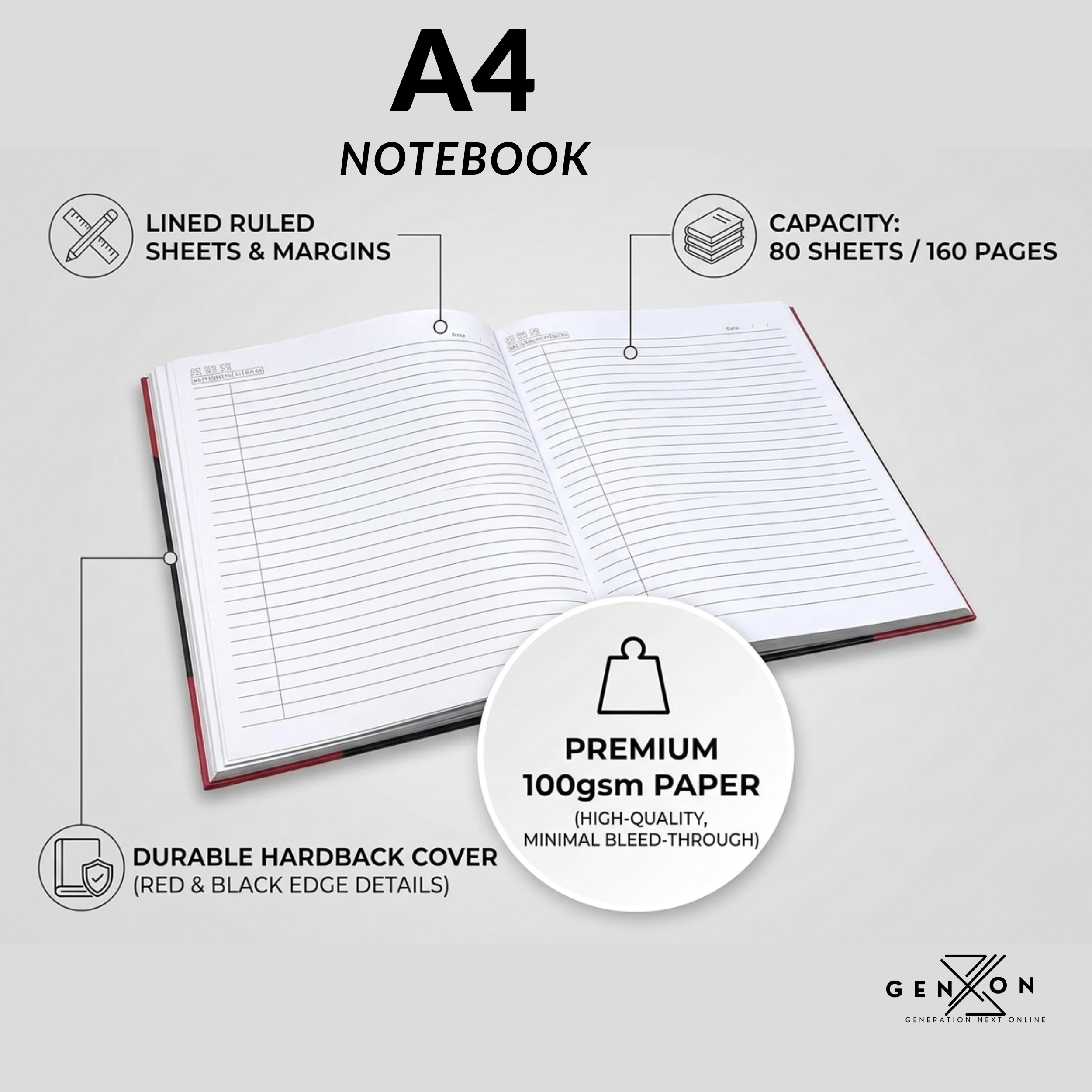 Red & Black A4 Hardcover Notebook | 160 Pages Lined & Ruled | 100gsm Premium Paper