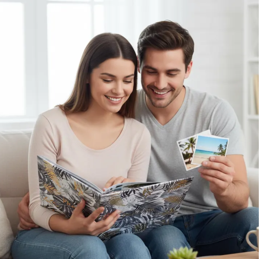 Couple sitting together, looking at a photo album and holding a set of travel photos.