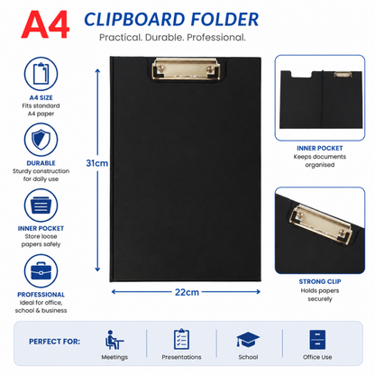 A4 Fold-Over Clipboard | Black | Low-Profile Metal Clip & Inner Pocket