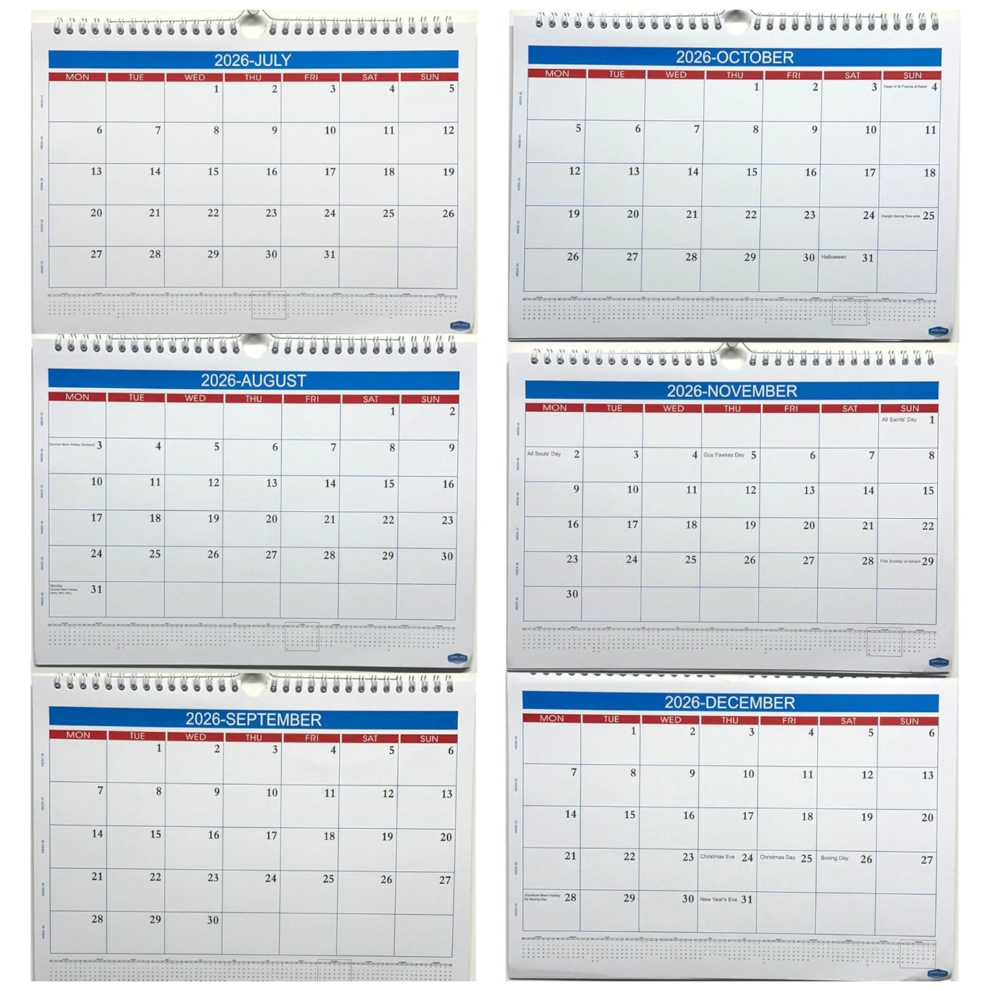 Set of six wall calendars for 2026 with monthly views JULY - DEC 