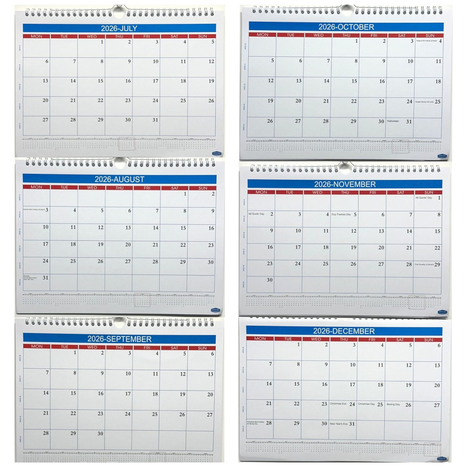 Set of six wall calendars for 2026 with monthly views JULY - DEC 