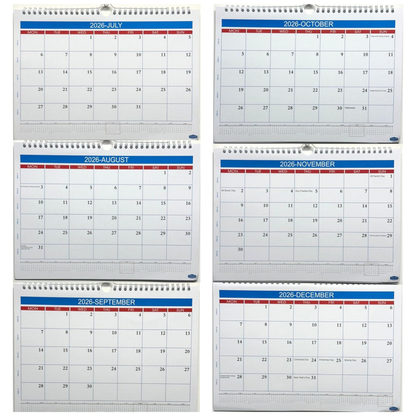 Set of six wall calendars for 2026 with monthly views JULY - DEC 