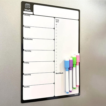 Large A3 Magnetic Fridge Wipe Board | Family Weekly Planner, Shopping List & Memo Board | 4 Colour Markers