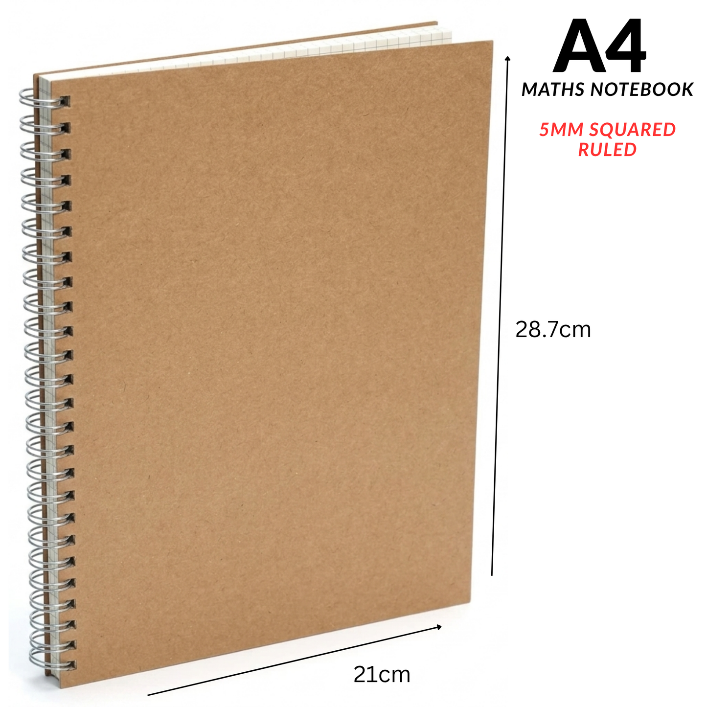 Brown Kraft cover spiral bound A4 graph paper notebook showing 5mm squared ruled pages – 160 pages, 70gsm