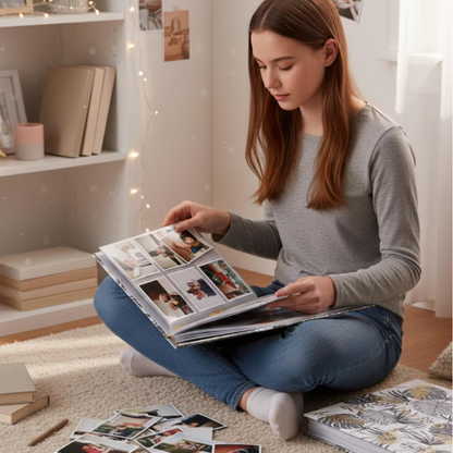 Woman sitting on the floor looking at a photo album in a cozy room.