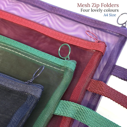 A4 Mesh Zip Folders | Pack of 4 | Green, Burgundy, Navy & Purple | Document Pouch, Pencil Case & Bag Organiser