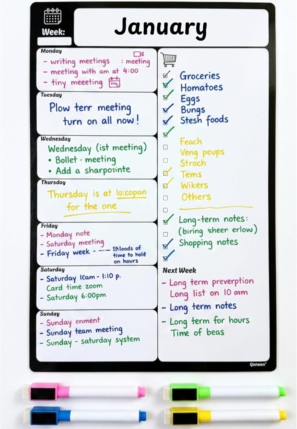 A4 Magnetic Fridge Whiteboard | Weekly Planner, Meal Planner & Shopping List | 4 Dry-Erase Markers