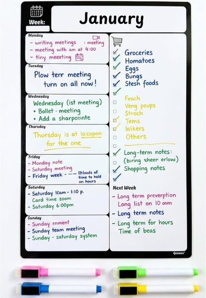 A4 Magnetic Fridge Whiteboard | Weekly Planner, Meal Planner & Shopping List | 4 Dry-Erase Markers
