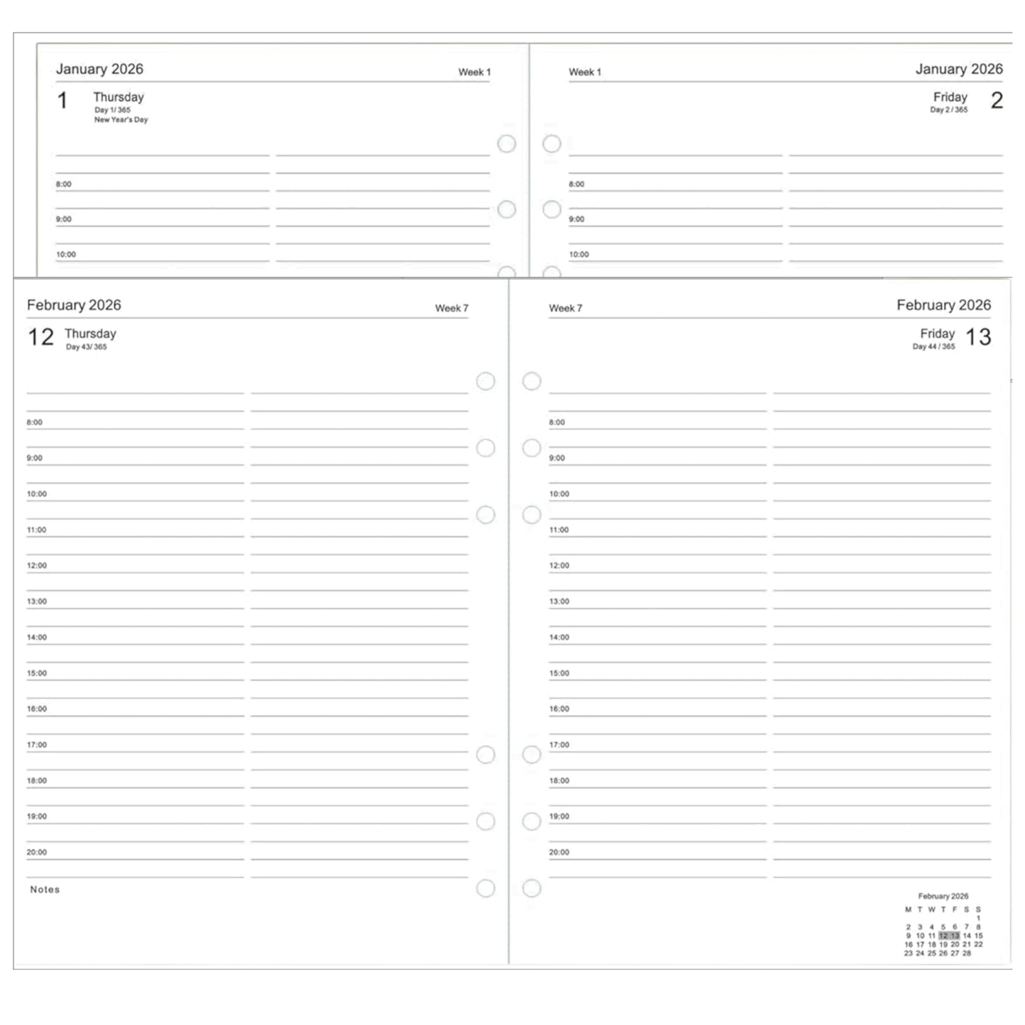 A5 Diary Refill 2026 – Day Per Page, Time Slots 8am–8pm | Filofax Compatible