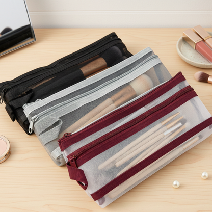 GenXon Mesh Pencil Case Pack of 3 | 2 Pockets | Zip Closure