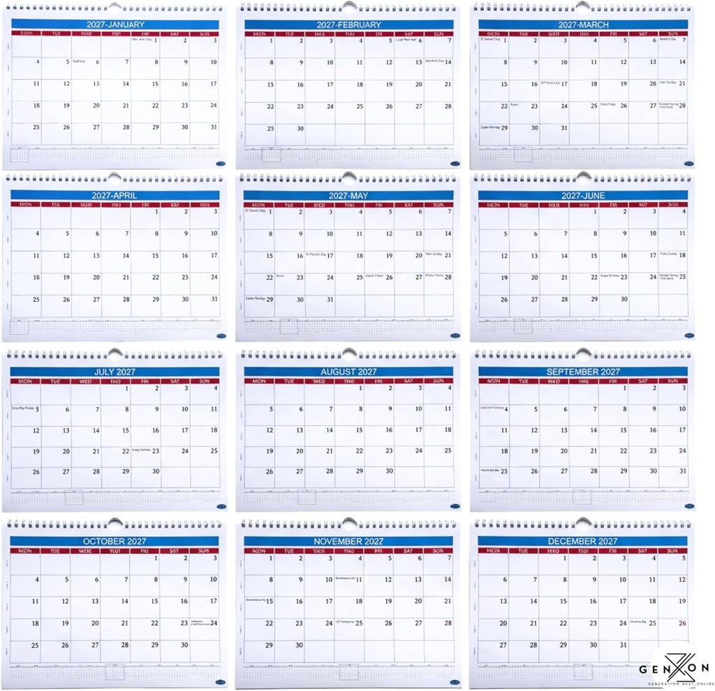 2027 Wall Calendar – Large Print A4 Spiral Bound | UK Bank Holidays Marked