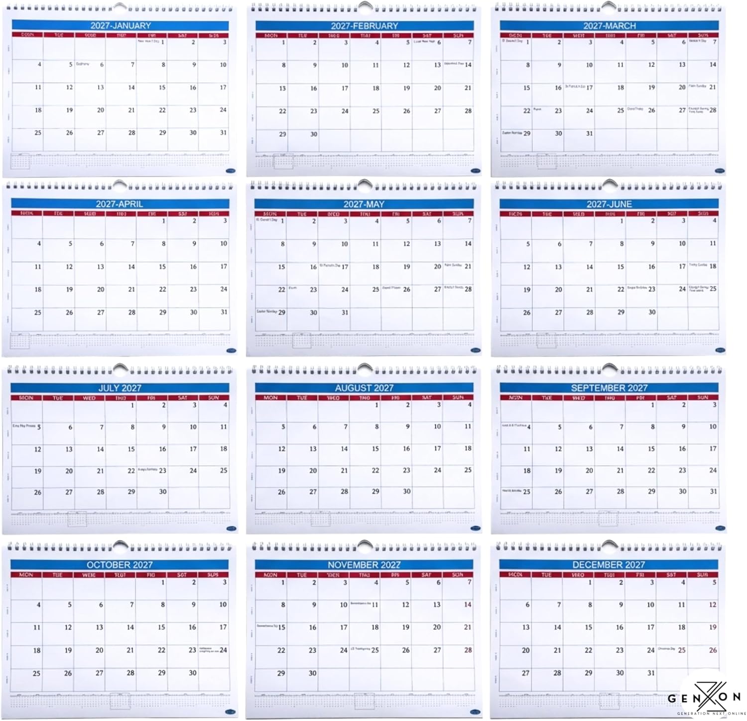 2027 Wall Calendar – Large Print A4 Spiral Bound | UK Bank Holidays Marked