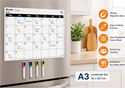 Magnetic Weekly Planner Fridge Board | A3 Landscape | Dry-Wipe Whiteboard | 4 Markers Included