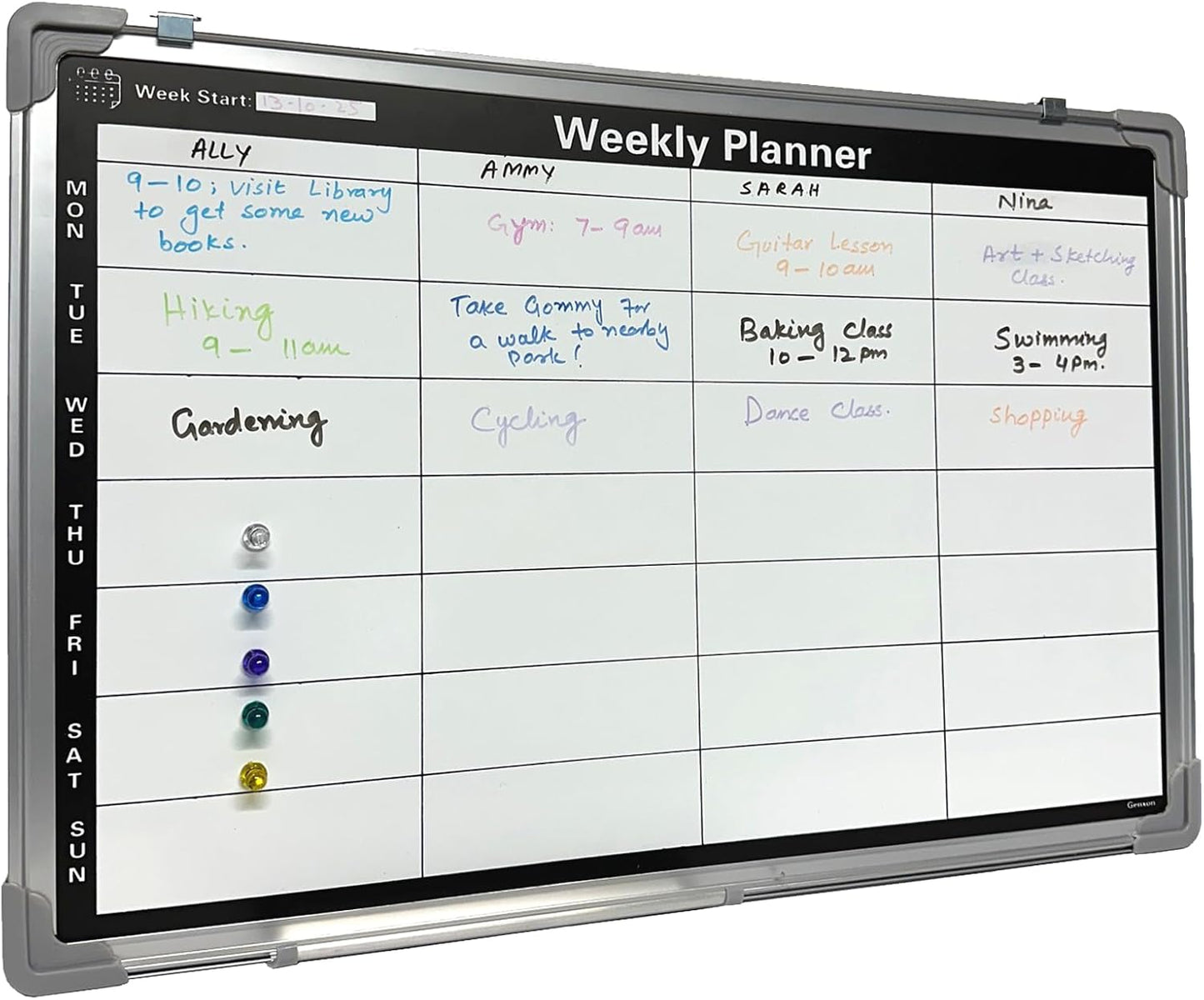 Magnetic Weekly Planner Whiteboard | 60x40cm Aluminium Frame | Dry-Wipe Wall Board | 5 Colour Markers