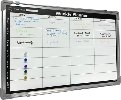 Magnetic Weekly Planner Whiteboard | 60x40cm Aluminium Frame | Dry-Wipe Wall Board | 5 Colour Markers