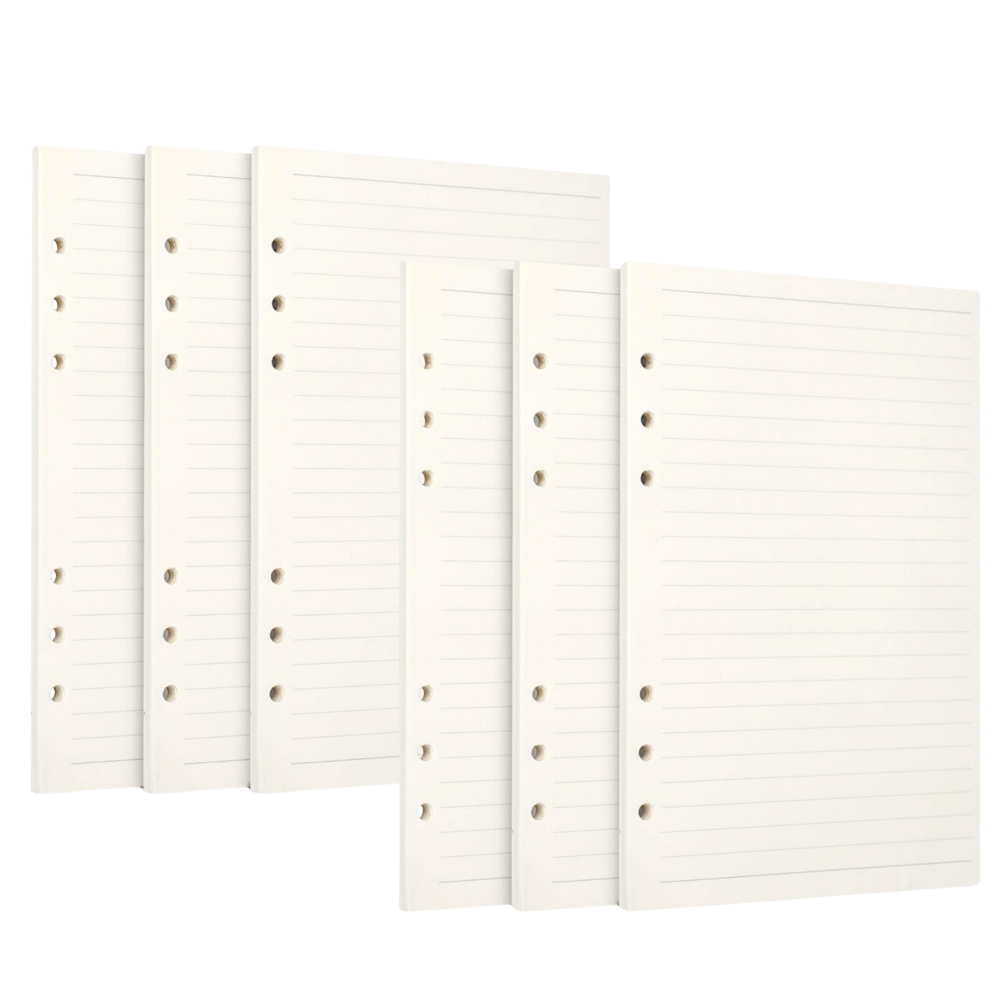 Six off-white, lined ring-binder notebook inserts arranged in a staggered fan shape against a solid white background.