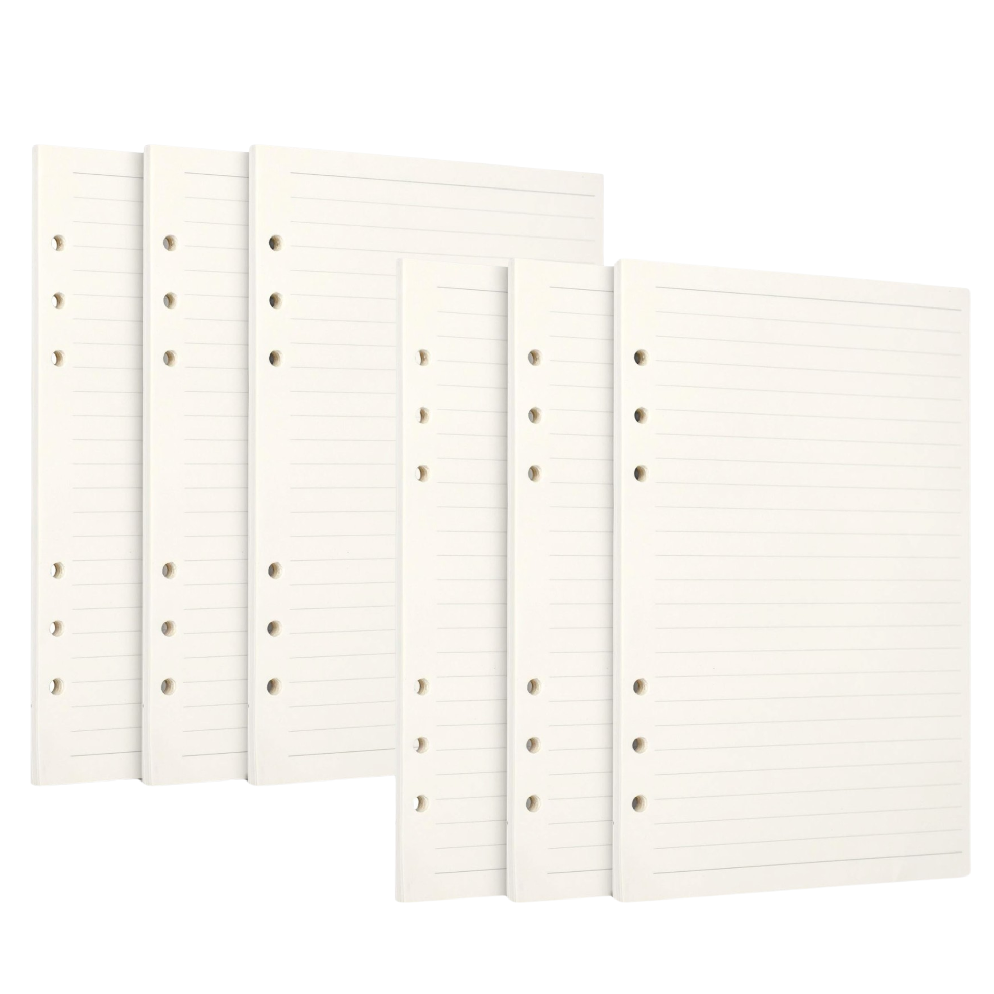 Six off-white, lined ring-binder notebook inserts arranged in a staggered fan shape against a solid white background.