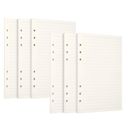 Six off-white, lined ring-binder notebook inserts arranged in a staggered fan shape against a solid white background.