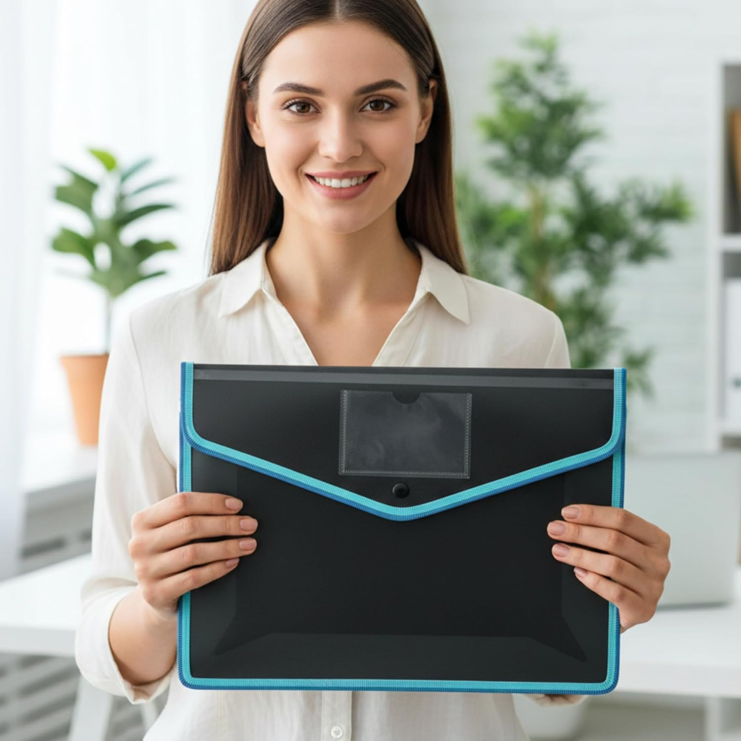 A4 Button Wallet File Folder | Plastic Poly Envelope with Stud Closure & Business Card Pocket | Pink, Teal Blue, Purple, Red