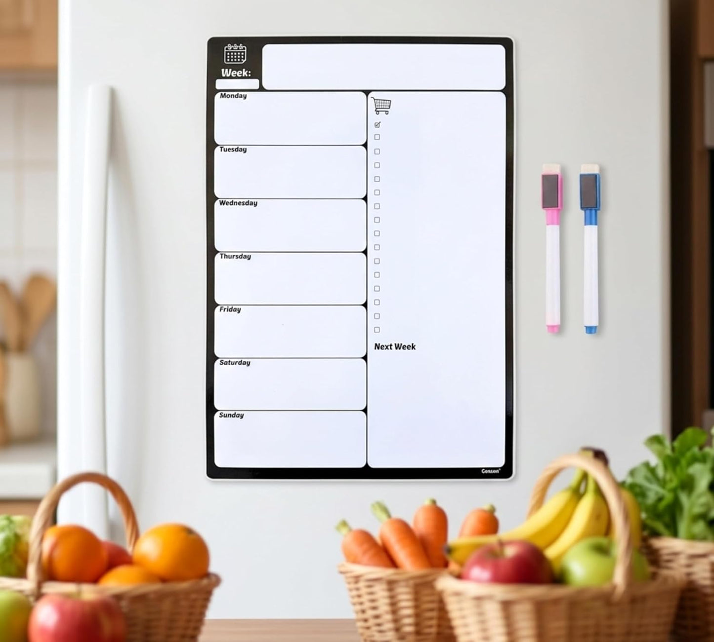 Large A3 Magnetic Fridge Wipe Board | Family Weekly Planner, Shopping List & Memo Board | 4 Colour Markers