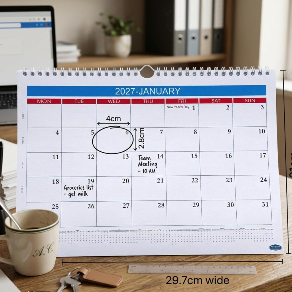 2027 Wall Calendar – Large Print A4 Spiral Bound | UK Bank Holidays Marked