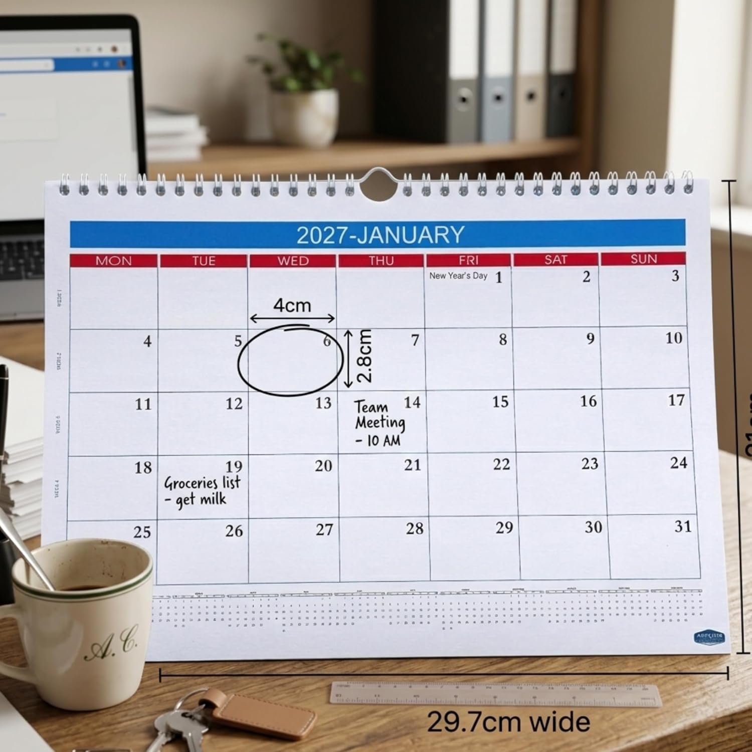 2027 Wall Calendar – Large Print A4 Spiral Bound | UK Bank Holidays Marked